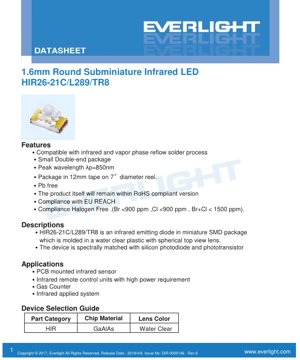 PDF Document Cover - 1.6mm Round Subminiature Infrared LED HIR26-21C/L289/TR8 Datasheet - Size 1.6mm - Wavelength 850nm - English Technical Document