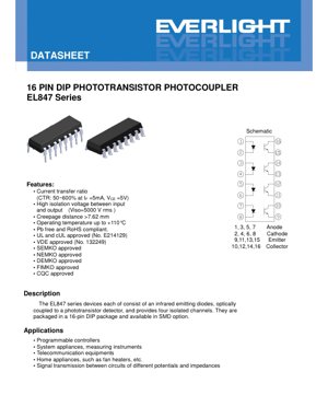 PDF Document Cover - EL847 Series Photocoupler Datasheet - 16-Pin DIP Package - Isolation 5000Vrms - CTR 50-600% - English Technical Document