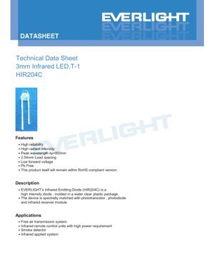PDF Document Cover - 3mm Infrared LED 850nm HIR204C Datasheet - T-1 Package - 1.45V Forward Voltage - 150mW Power - English Technical Document