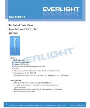PDF Document Cover - SIR204C 3mm Infrared LED Datasheet - 3.0mm Diameter - 1.3V Forward Voltage - 875nm Wavelength - 150mW Power Dissipation - English Technical Document