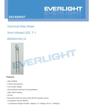 PDF Document Cover - 3mm Infrared LED IR204/H16/L10 Datasheet - Dimensions 3mm - Voltage 1.5V - Wavelength 940nm - English Technical Document