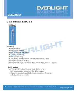 PDF Document Cover - IR204-A 3.0mm Infrared LED Datasheet - 3mm Package - 940nm Wavelength - 100mA Current - English Technical Document