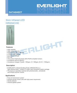 PDF Document Cover - 3mm Infrared LED HIR204C/H0 Datasheet - Dimensions 3.0mm - Peak Wavelength 850nm - Forward Voltage 1.45V - English Technical Document