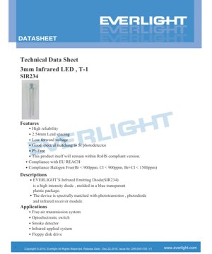PDF Document Cover - SIR234 3mm Infrared LED Datasheet - 3.0mm Diameter - 1.6V Forward Voltage - 875nm Wavelength - 150mW Power Dissipation - English Technical Document