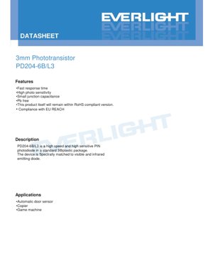 PDF Document Cover - Phototransistor PD204-6B/L3 Datasheet - 3mm Package - Peak Sensitivity 940nm - English Technical Document
