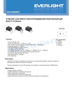 PDF Document Cover - EL8171-G Series Photocoupler Datasheet - 4-Pin DIP Package - Isolation 5000Vrms - CTR 100-350% - English Technical Document