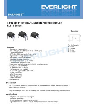 PDF Document Cover - EL815 Series Photodarlington Photocoupler Datasheet - 4-Pin DIP Package - Isolation 5000Vrms - CTR 600-7500% - Operating Temp -55 to +110°C - English Technical Document