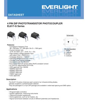 PDF Document Cover - EL817-G Series Photocoupler Datasheet - 4-Pin DIP Package - Isolation 5000Vrms - CTR 50-600% - English Technical Document
