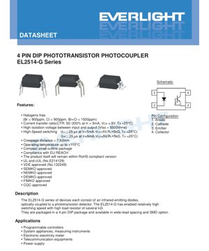 PDF Document Cover - EL2514-G Photocoupler Datasheet - 4-Pin DIP Package - Isolation 5000Vrms - CTR 50-200% - English Technical Document