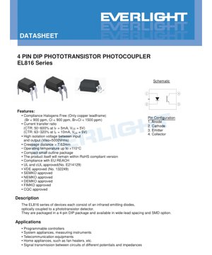 PDF Document Cover - EL816 Series 4-Pin DIP Phototransistor Photocoupler Datasheet - Package Options - CTR 50-600% - Isolation 5000Vrms - English Technical Document