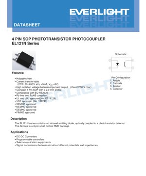 PDF Document Cover - EL121N Series Photocoupler Datasheet - 4-Pin SOP Package - 2.0mm Profile - Isolation 3750Vrms - CTR 50-400% - English Technical Document