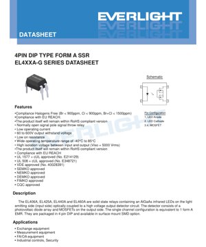 PDF Document Cover - EL4XXA-G Series 4-Pin DIP Form A SSR Datasheet - 60-600V Output - 550-50mA Load Current - Halogen-Free - English Technical Document