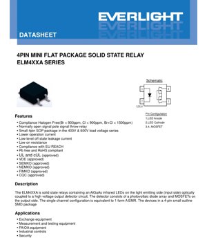 PDF Document Cover - ELM4XXA Series Solid State Relay Datasheet - 4-Pin SOP Package - 400V/600V Load Voltage - 120mA/50mA Load Current - English Technical Document