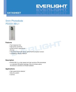 PDF Document Cover - PD333-3B/L1 5mm Photodiode Datasheet - 5mm Diameter - 32V Reverse Voltage - Black Lens - English Technical Document