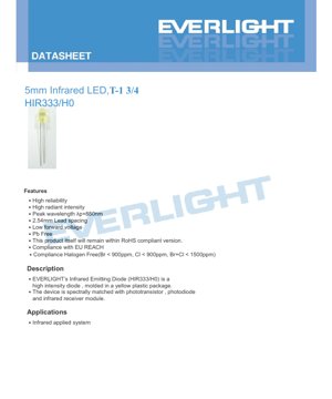 PDF Document Cover - 5mm Infrared LED HIR333/H0 Datasheet - 5mm Diameter - 1.45V Forward Voltage - 850nm Wavelength - 150mW Power Dissipation - English Technical Document