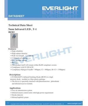 PDF Document Cover - IR383 5.0mm Infrared LED Datasheet - Dimensions 5mm - Peak Wavelength 940nm - Forward Voltage 1.2V - English Technical Document