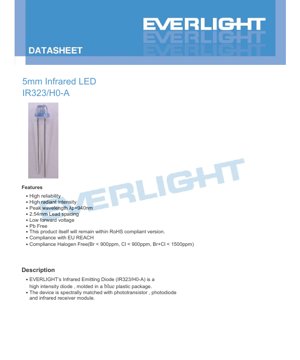 PDF Document Cover - 5.0mm Infrared LED IR323/H0-A Datasheet - 5mm Package - 1.2V Forward Voltage - 940nm Wavelength - 150mW Power Dissipation - English Technical Document