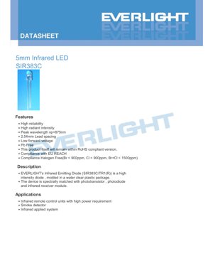 PDF Document Cover - 5mm Infrared LED SIR383C Datasheet - 5mm Package - 1.6V Forward Voltage - 875nm Wavelength - 150mW Power - English Technical Document