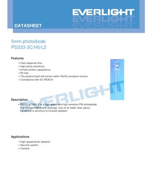 PDF Document Cover - 5mm Photodiode PD333-3C/H0/L2 Datasheet - 5mm Diameter - 32V Reverse Voltage - 940nm Peak Sensitivity - English Technical Document