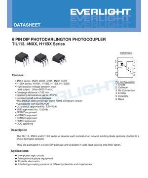 PDF Document Cover - 6-Pin DIP Photodarlington Photocoupler Datasheet - TIL113, 4NXX, H11BX Series - Isolation 5000Vrms - English Technical Document