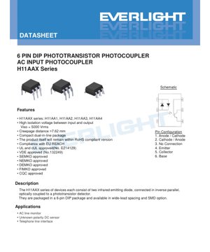 PDF Document Cover - H11AAX Series AC Input Photocoupler Datasheet - 6-Pin DIP Package - Isolation Voltage 5000Vrms - English Technical Document