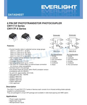PDF Document Cover - CNY17-X CNY17F-X Photocoupler Datasheet - 6-Pin DIP Package - Isolation 5000Vrms - CTR 40-320% - English Technical Document