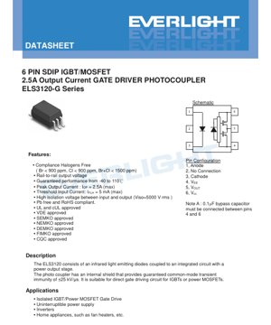 PDF Document Cover - ELS3120-G Series Gate Driver Photocoupler Datasheet - 6-Pin SDIP - Output Current 2.5A - Isolation Voltage 5000Vrms - English Technical Document