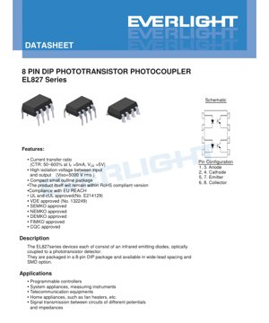 PDF Document Cover - EL827 Series Photocoupler Datasheet - 8-Pin DIP Package - Isolation 5000Vrms - CTR 50-600% - English Technical Document