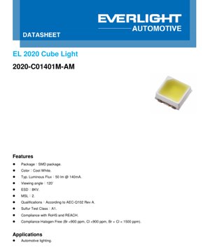 PDF Document Cover - EL 2020 Cube Light LED Datasheet - SMD Package - Cool White - 50lm @ 140mA - 3.0V - 120° Viewing Angle - English Technical Document