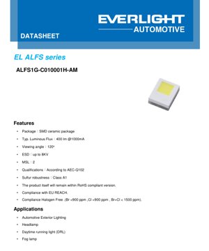 PDF Document Cover - ALFS1G-C0 LED Datasheet - SMD Ceramic Package - 400lm @1000mA - 3.3V - 120° Viewing Angle - Automotive Grade