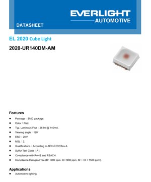 PDF Document Cover - 2020 Cube Light Red LED Datasheet - SMD Package - 2.2V Typ - 140mA - 26 lm - English Technical Document