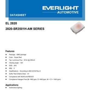 PDF Document Cover - 2820-SR3501H-AM Super Red LED Datasheet - Size 2.8x2.0mm - Voltage 2.45V - Power 0.86W - English Technical Document