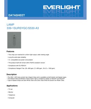 PDF文档封面 - LED灯珠339-1SURSYGC/S530-A3规格书 - 双色/双极性 - 25mA - 亮红/黄绿 - 中文技术文档