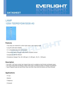 PDF Document Cover - 1259-7SDRSYGW/S530-A3 LED Lamp Datasheet - Super Deep Red & Brilliant Yellow Green - 20mA - 50mcd - English Technical Document