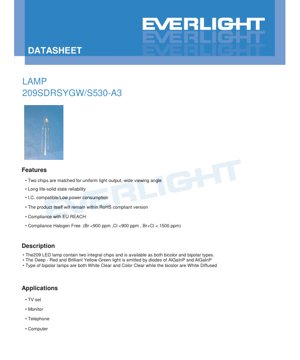 PDF Document Cover - 209SDRSYGW/S530-A3 Bicolor LED Lamp Datasheet - Deep Red & Yellow Green - 20mA - English Technical Document