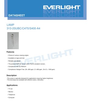 PDF Document Cover - LED Lamp 313-2SUBC/C470/S400-A4 Datasheet - Blue Color - 3.4V Forward Voltage - 20mA Operating Current - English Technical Document