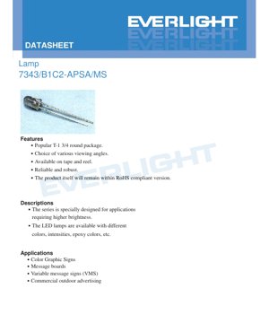 PDF Document Cover - 7343/B1C2-A PSA/MS LED Lamp Datasheet - T-1 3/4 Package - 468nm Blue - 20mA 3.2V - English Technical Document