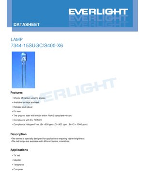 PDF Document Cover - 7344-15SUGC/S400-X6 LED Lamp Datasheet - 5mm Round - Voltage 3.3V - Brilliant Green - 110mW - English Technical Document