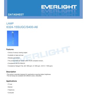 PDF Document Cover - LED Lamp 6324-15SUGC/S400-A6 Datasheet - Brilliant Green - 20mA - 1250mcd - English Technical Document