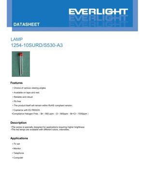PDF Document Cover - LED Lamp 1254-10SURD/S530-A3 Specification - Brilliant Red - 20mA - 400mcd - 30° Viewing Angle - English Technical Document
