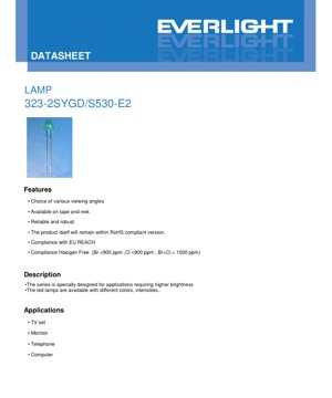 PDF Document Cover - LED Lamp 323-2SYGD/S530-E2 Datasheet - Brilliant Yellow Green - 20mA - 60mW - English Technical Documentation