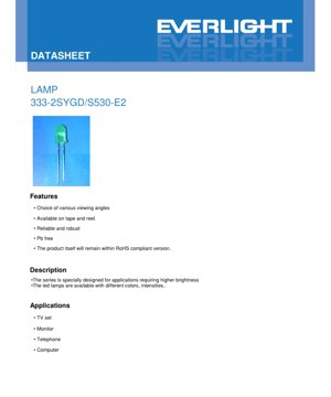 PDF Document Cover - LED Lamp 333-2SYGD/S530-E2 Datasheet - Brilliant Yellow Green - 20mA - 2.0V - 60mW - English Technical Document