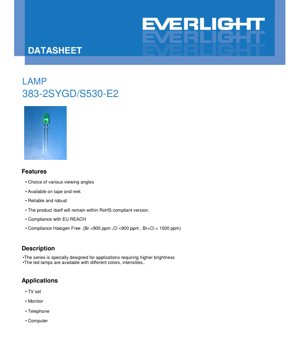 PDF Document Cover - LED Lamp 383-2SYGD/S530-E2 Datasheet - Brilliant Yellow Green - 20mA - 2.0V - English Technical Document