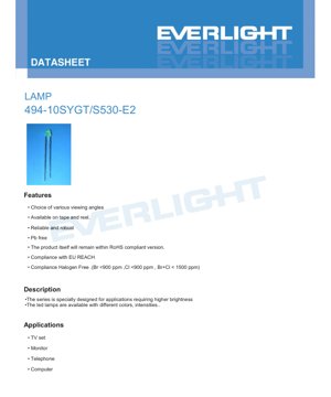 PDF Document Cover - LED Lamp 494-10SYGT/S530-E2 Datasheet - Brilliant Yellow Green - 20mcd - 2.0V - 60mW - English Technical Document