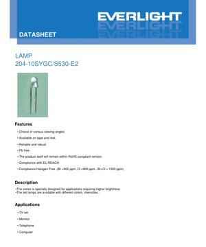 PDF Document Cover - LED Lamp 204-10SYGC/S530-E2 Datasheet - 5mm Round - Voltage 2.0V - Brilliant Yellow Green - 60mW - English Technical Document