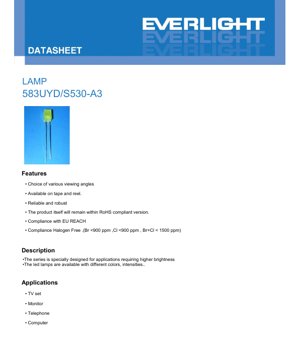 PDF Document Cover - LED Lamp 583UYD/S530-A3 Specification - 5.8mm Round - 2.0V - 60mW - Brilliant Yellow - English Technical Document