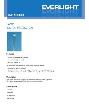 PDF Document Cover - LED Lamp 423-2UYC/S530-A6 Datasheet - Brilliant Yellow - 20mA - 2.0V - 90° Viewing Angle - English Technical Document