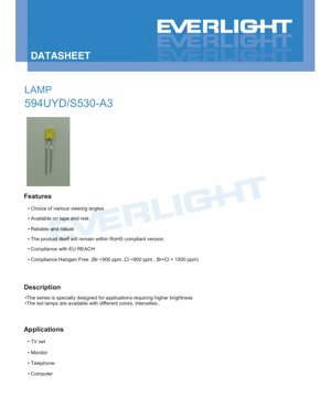 PDF Document Cover - LED Lamp 594UYD/S530-A3 Datasheet - Brilliant Yellow - 20mcd - 2.0V - 60mW - English Technical Document