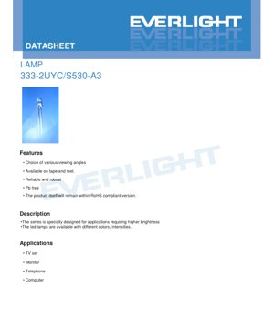 PDF Document Cover - LED Lamp 333-2UYC/S 530-A3 Datasheet - Brilliant Yellow - 20mA - 2.0V - English Technical Document