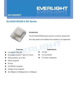PDF Document Cover - ELUA2016OGB UVA LED Datasheet - Dimensions 2.04x1.64x0.75mm - Voltage 3.0-4.0V - Power 0.2W - English Technical Documentation
